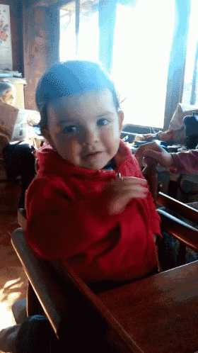 a little girl in a red jacket sits in a chair