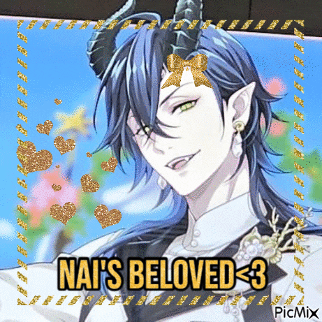 a picture of a man with horns and the words nai 's beloved < 3 .