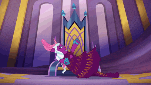 a purple cartoon character is sitting on a throne with a crown on it