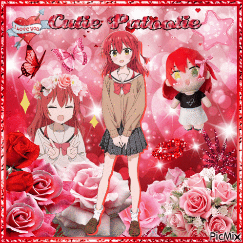 a girl with red hair is surrounded by pink roses and butterflies and says cutie pallatie