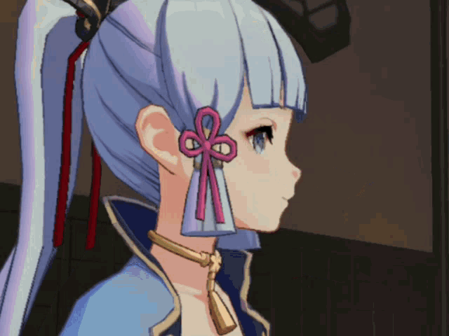 a close up of a girl 's face with a ponytail and a bow in her hair