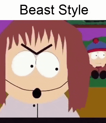 a cartoon character from south park is wearing a beast style wig and making a funny face .