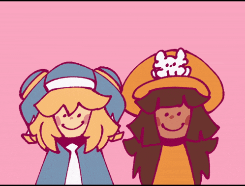 two cartoon characters are smiling and wearing hats