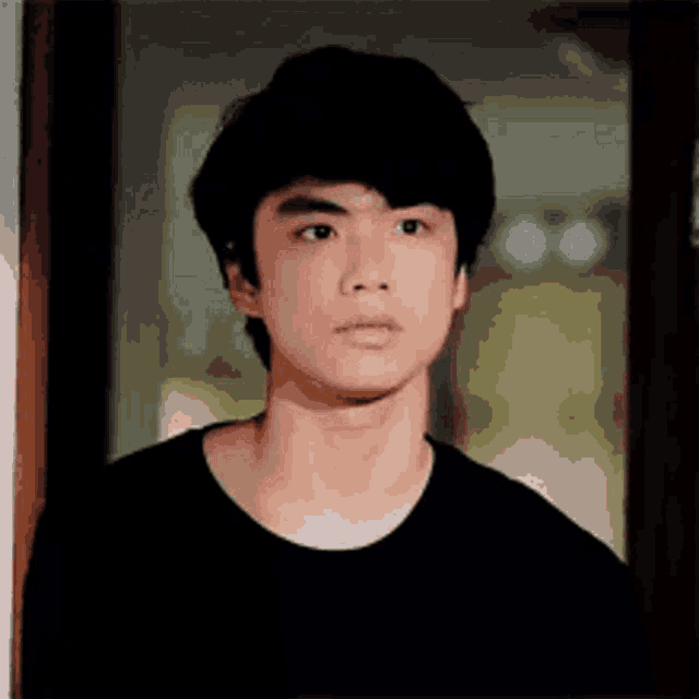 a young man in a black shirt is looking at the camera .