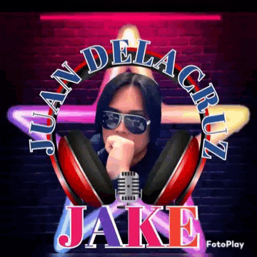 a man wearing sunglasses and headphones with the name jake on the bottom