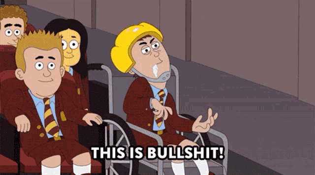 a cartoon of a man in a wheelchair with the words " this is bullshit " below him