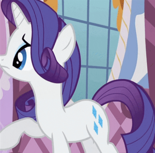 a cartoon pony with a purple mane and tail is standing in front of a window