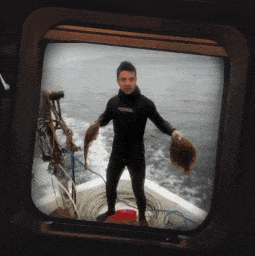a man in a wetsuit holds a fish in his hand