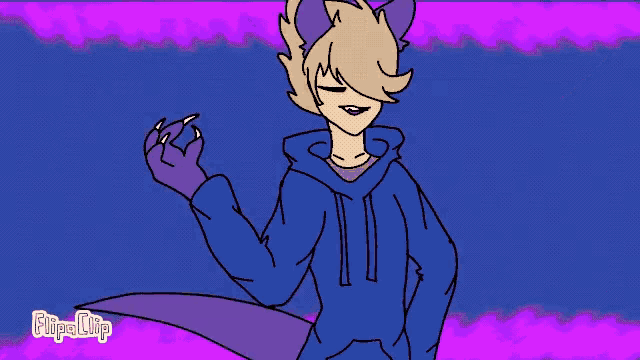a drawing of a person in a blue hoodie with a purple background and the word fliperclip on the bottom