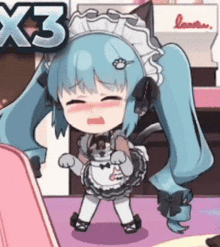 a cartoon girl in a maid costume is standing on a pink table .