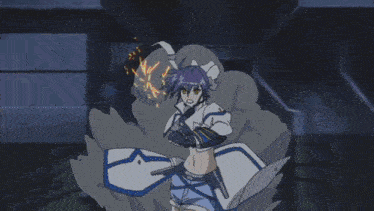 a cartoon character with purple hair is fighting another character with a sword