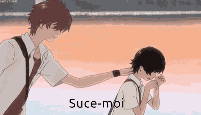 a cartoon of a boy putting his hand on another boy 's ear with the words suc-moi written on the bottom