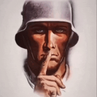 a painting of a soldier with his finger to his mouth .