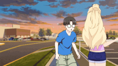 a man and a woman are walking down a street