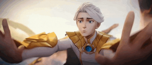 a cartoon character with white hair and gold armor is reaching out to someone 's hands .