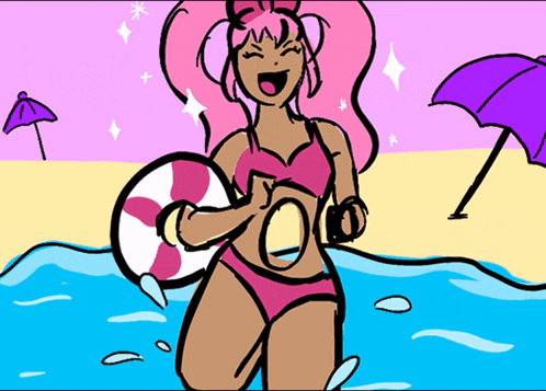a cartoon drawing of a girl in a bikini holding a float