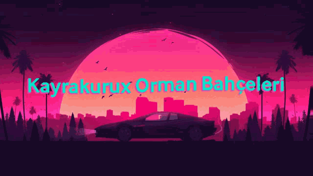 a sunset with a car in the foreground and the words kayakurux orman bahçeleri in blue letters