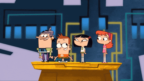 a group of cartoon characters standing on top of a podium