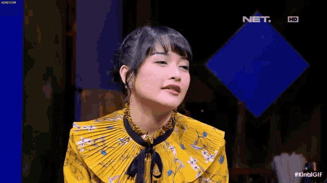 a woman in a yellow floral shirt is sitting in front of a blue screen that says net
