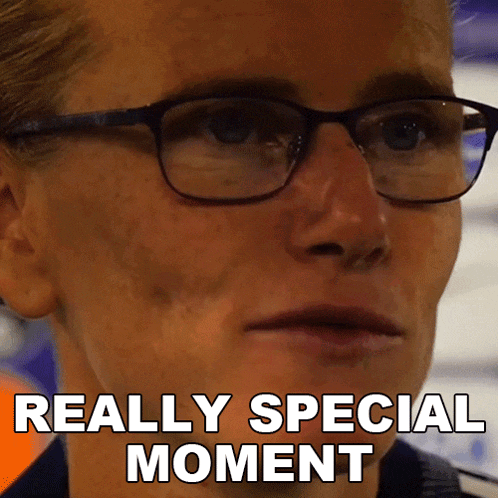 a close up of a woman wearing glasses with the words really special moment below her