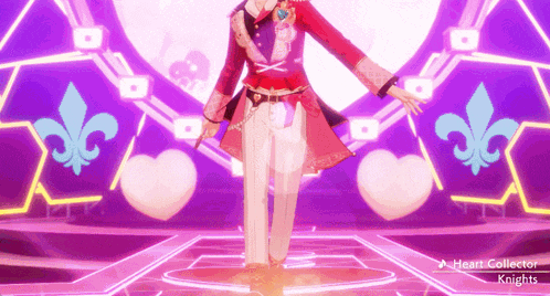 a man in a red and white suit is dancing on a stage with the words heart collector knights behind him