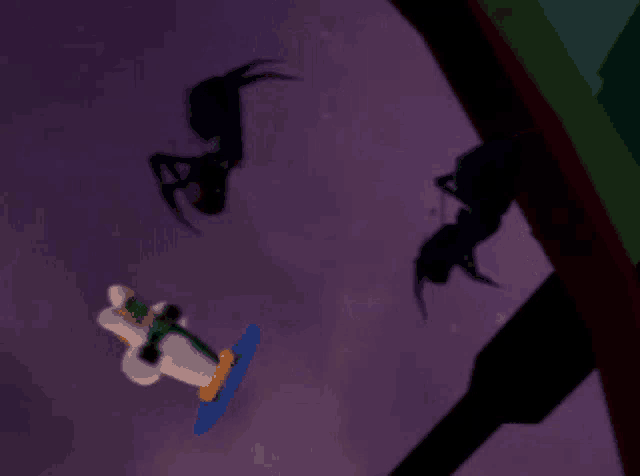 a cartoon character is flying through the air while wearing a snowboard .