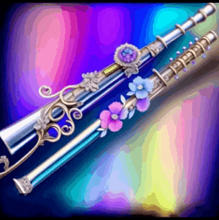 a flute with flowers on it is on a rainbow background