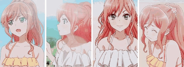 a collage of four pictures of a girl with red hair and green eyes