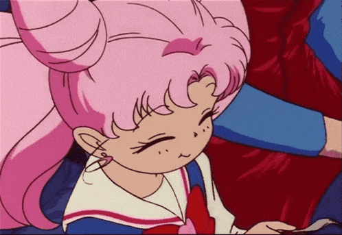 a cartoon girl with pink hair and a bow on her uniform