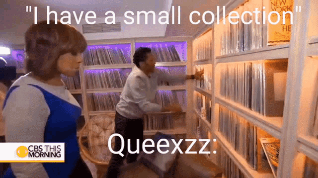 a man and a woman are in a library and the man says " i have a small collection queexxx "