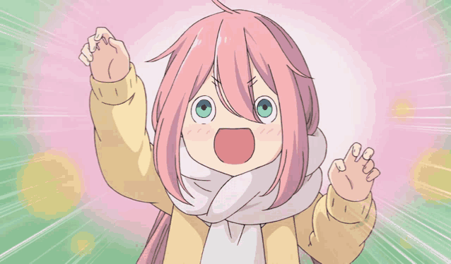 a girl with pink hair and blue eyes is wearing a scarf around her neck