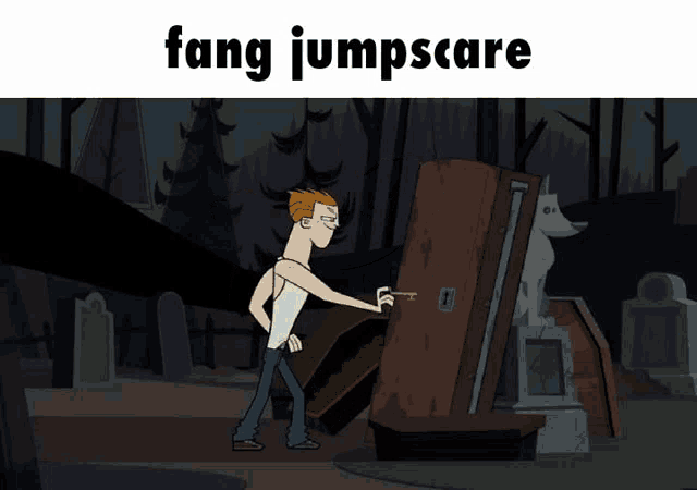 a cartoon of a man standing next to a shark with the words " fang jumpscare " below it