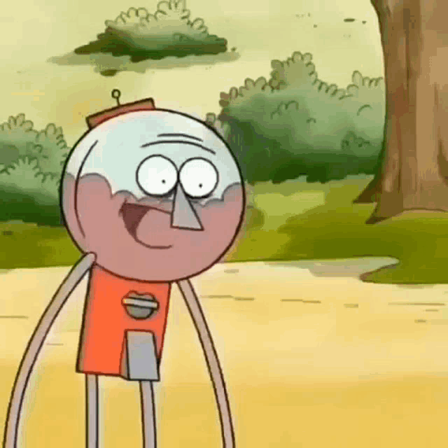 a cartoon character from regular show is standing in a park .