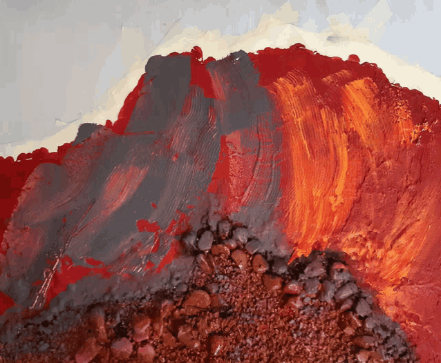 a close up of a painting of a mountain with red and gray colors