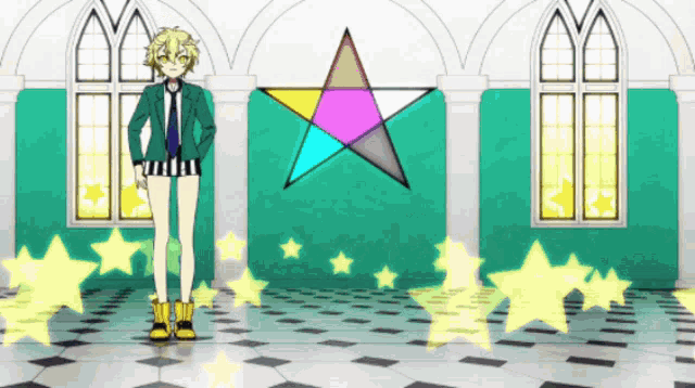 a cartoon character stands in front of a green wall with a star on it
