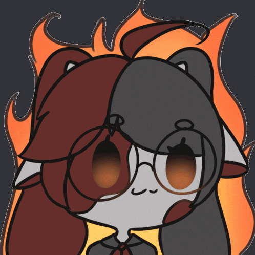 a drawing of a cat with glasses and a flame behind her