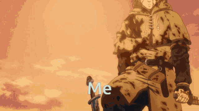 a cartoon of a man holding a sword with the word me written below him