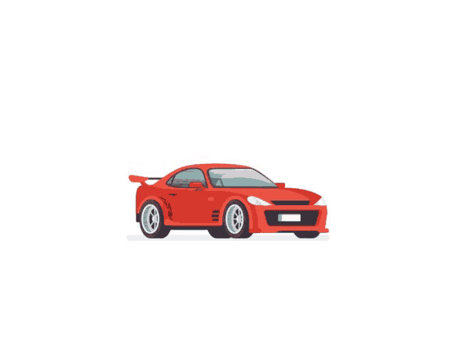 a red car with the hood open is flying through the air