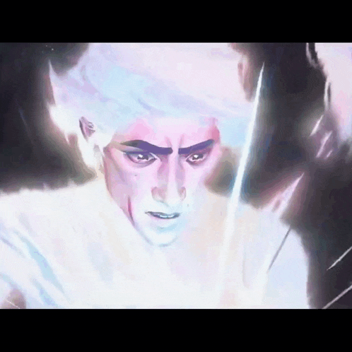 a painting of a man with white hair and a sword
