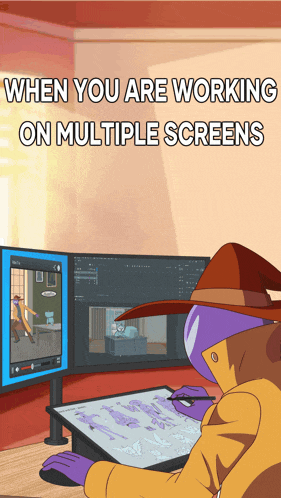 when you are working on multiple screens a cartoon of a man drawing on a tablet