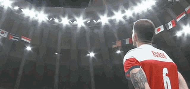 a man wearing a number 6 jersey stands in front of flags