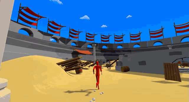 a cartoon drawing of a man in a red outfit walking in a desert
