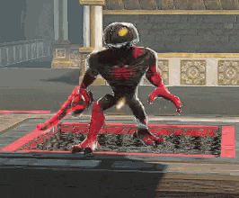a monster in a video game is holding a red sword .