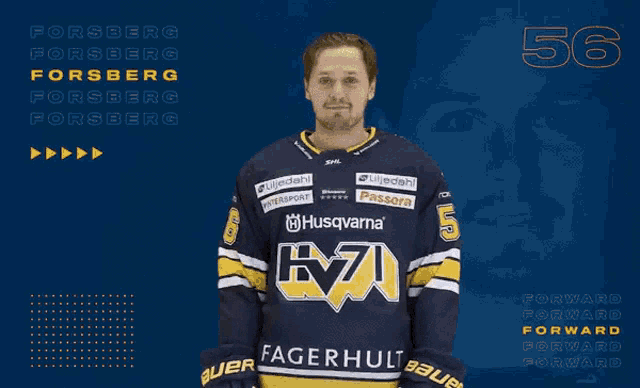a hockey player with the number 56 on his jersey stands in front of a blue background