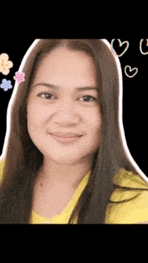 a woman in a yellow shirt is smiling with hearts and flowers in her hair