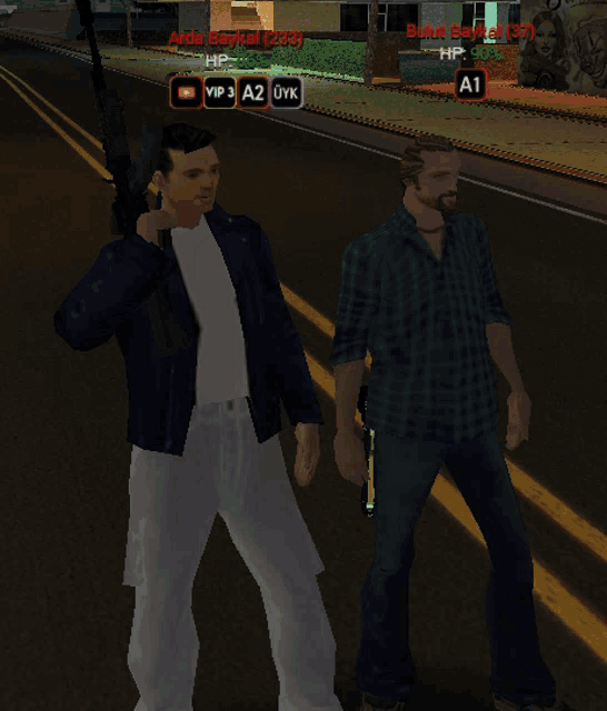 two men are standing next to each other in a video game and one of them is holding a rifle