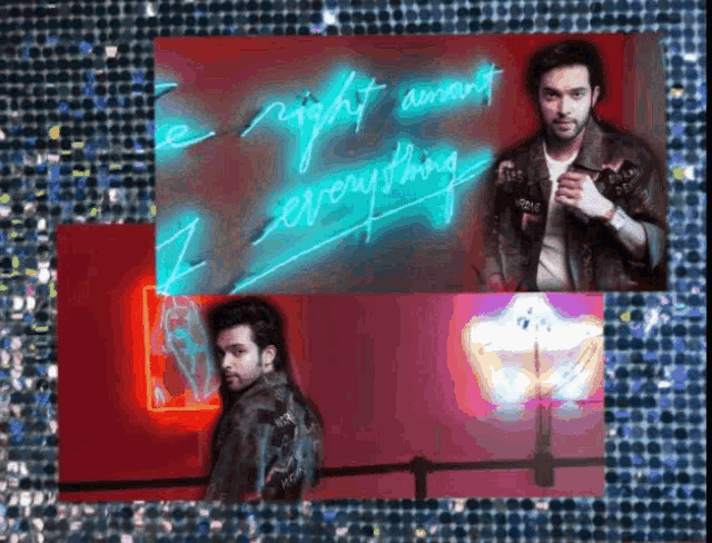a man is standing in front of a neon sign that says " a night almost everything "