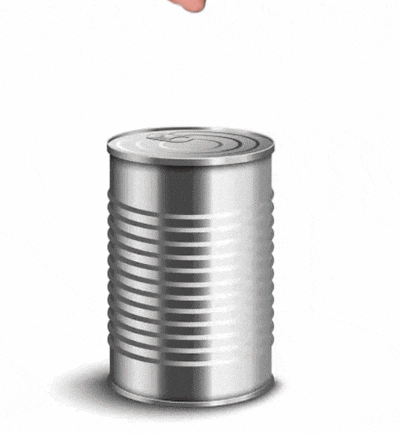 a can with the lid open has a picture of a person 's face inside of it