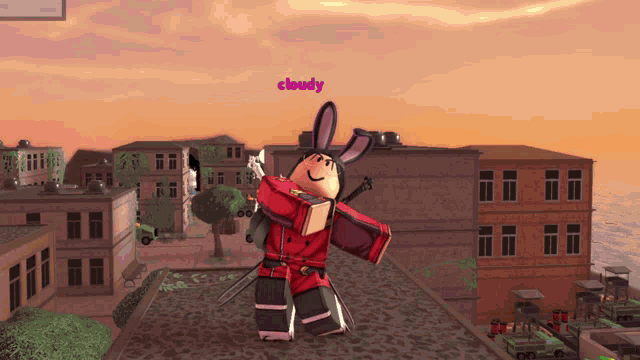 a cartoon character is standing on a roof with the name cloudy above him