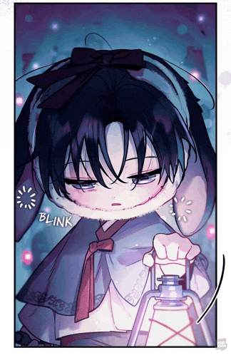 a boy with bunny ears is holding a lantern and the word blink is next to him